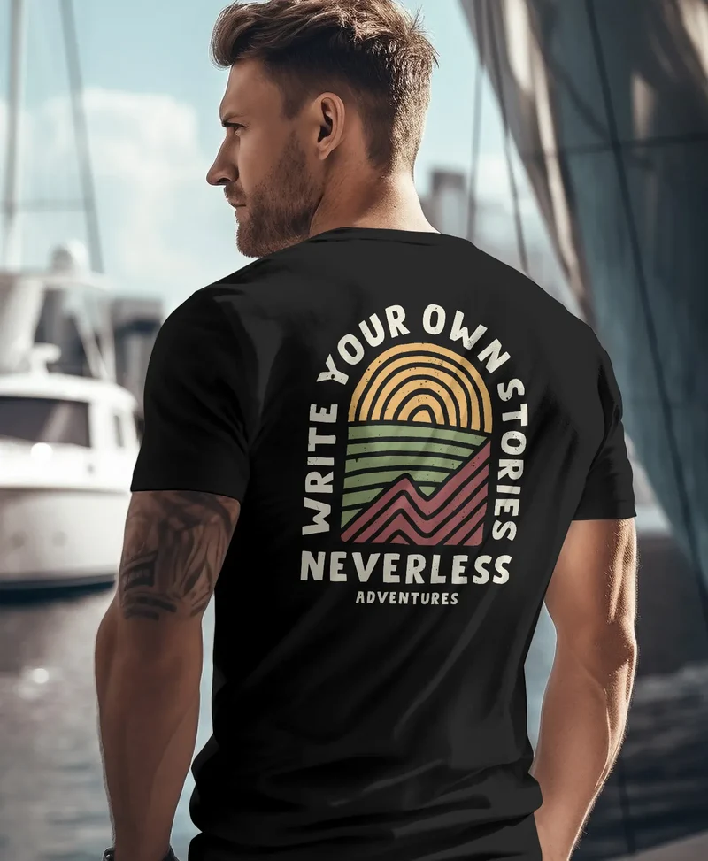 Herren T-Shirt Backprint Outdoor Grafik Line Art Berge Natur Männer Printshirt Fashion Streetstyle