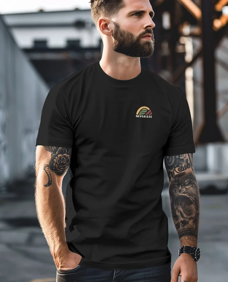 Herren T-Shirt Backprint Outdoor Grafik Line Art Berge Natur Männer Printshirt Fashion Streetstyle