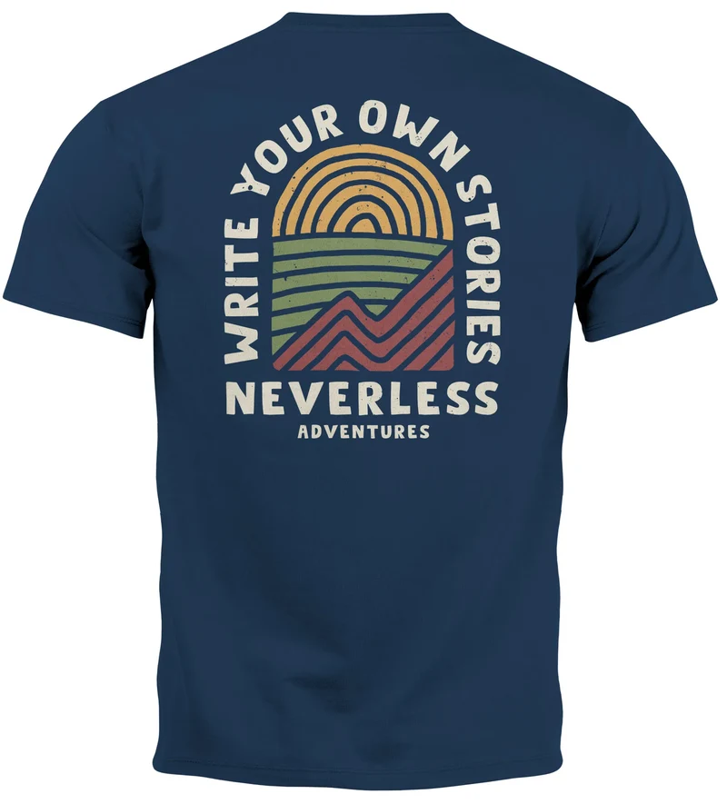 Herren T-Shirt Backprint Outdoor Grafik Line Art Berge Natur Männer Printshirt Fashion Streetstyle