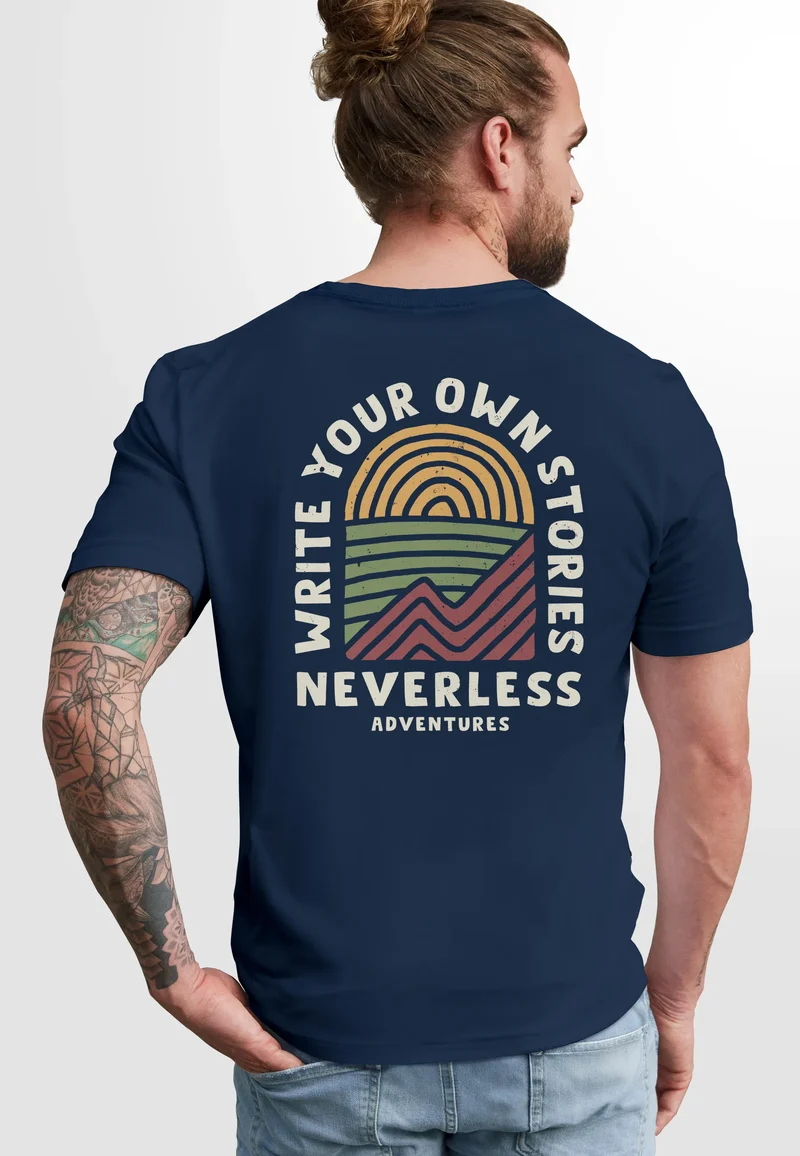 Herren T-Shirt Backprint Outdoor Grafik Line Art Berge Natur Männer Printshirt Fashion Streetstyle
