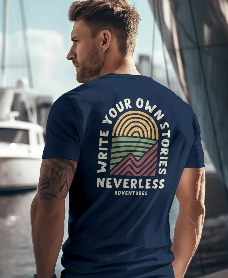 Herren T-Shirt Backprint Outdoor Grafik Line Art Berge Natur Männer Printshirt Fashion Streetstyle
