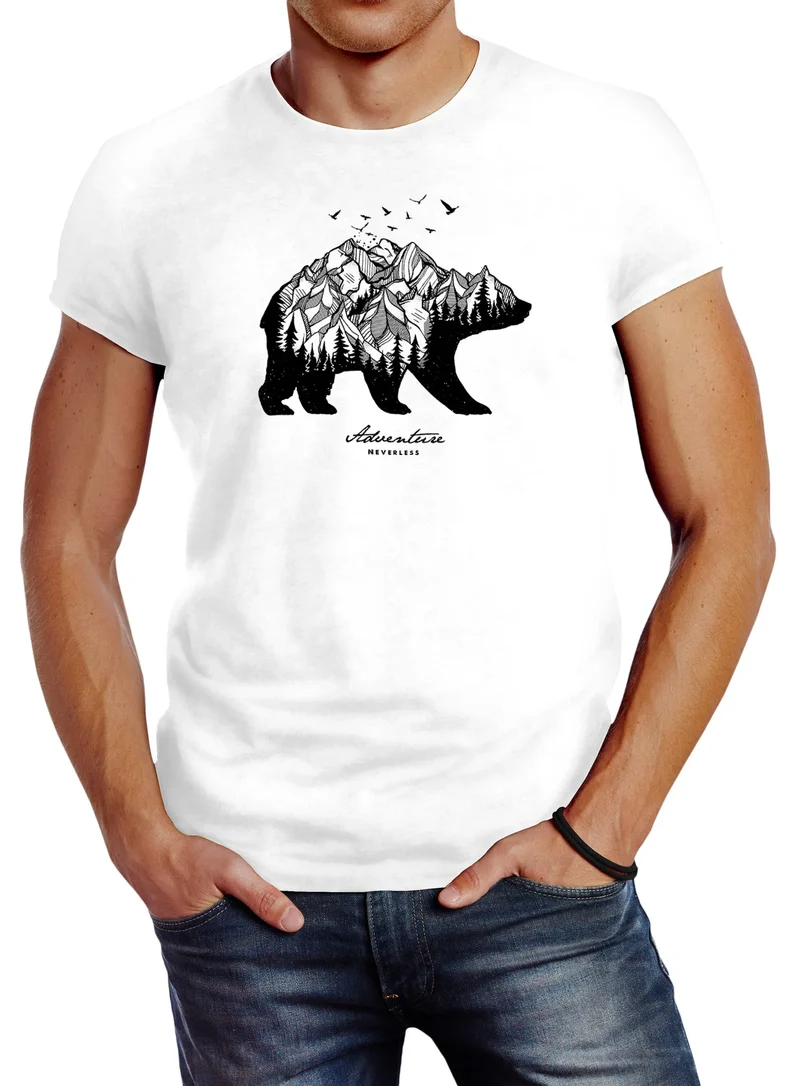 Herren T-Shirt Bär Abenteuer Berge Wald Bear Mountains Adventure Slim Fit