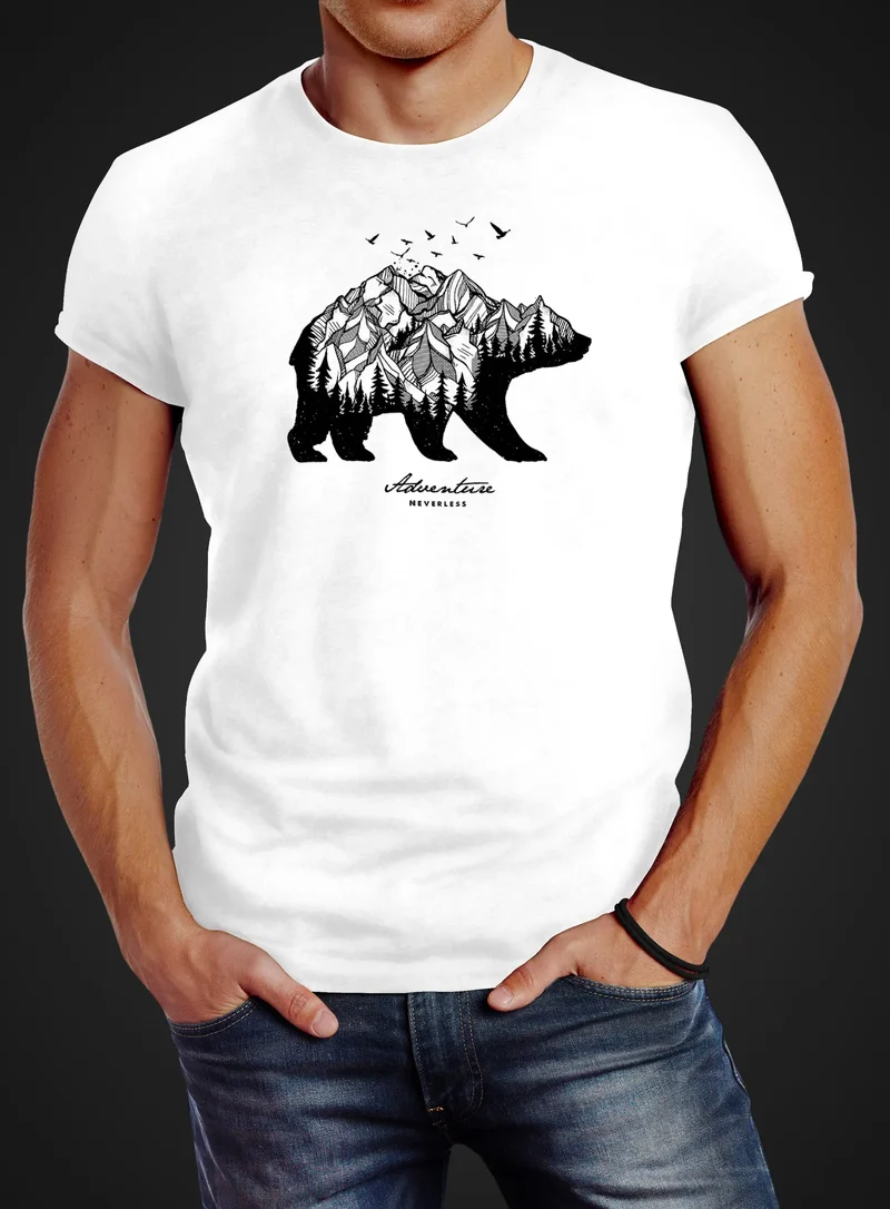 Herren T-Shirt Bär Abenteuer Berge Wald Bear Mountains Adventure Slim Fit