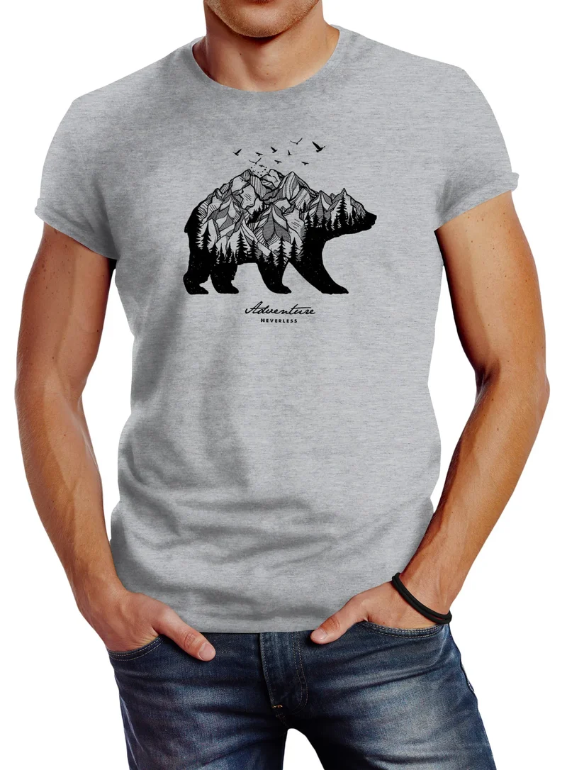 Herren T-Shirt Bär Abenteuer Berge Wald Bear Mountains Adventure Slim Fit
