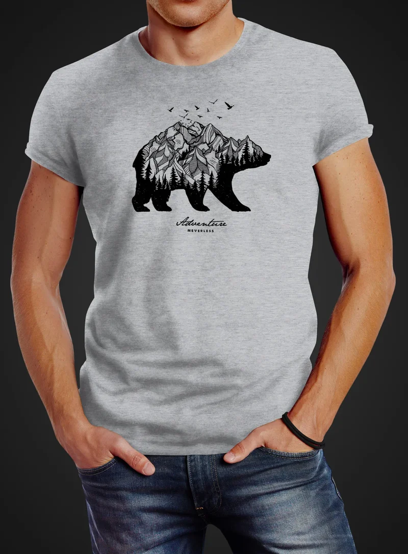 Herren T-Shirt Bär Abenteuer Berge Wald Bear Mountains Adventure Slim Fit