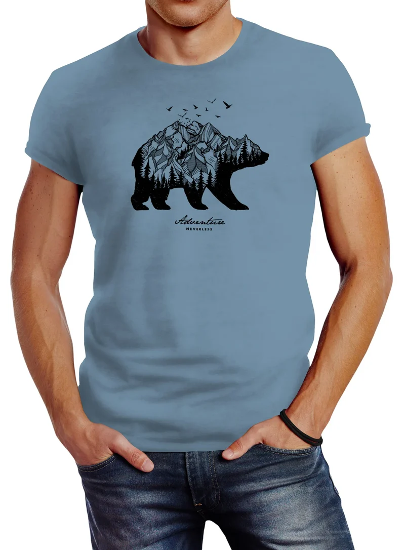 Herren T-Shirt Bär Abenteuer Berge Wald Bear Mountains Adventure Slim Fit