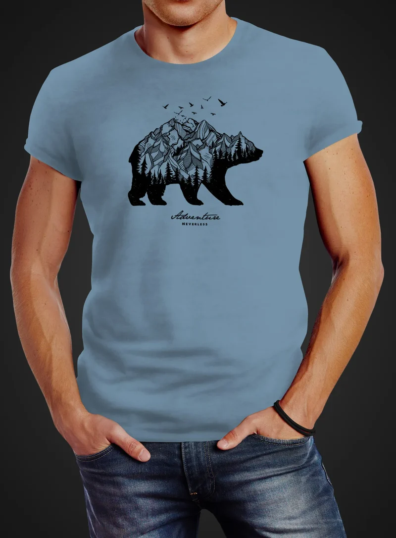 Herren T-Shirt Bär Abenteuer Berge Wald Bear Mountains Adventure Slim Fit