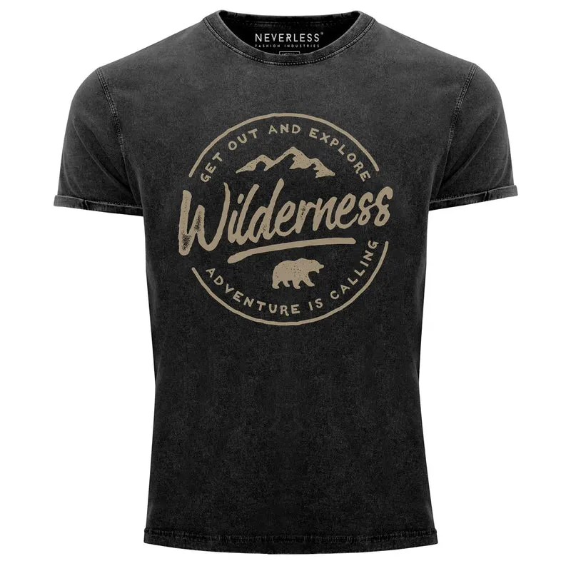Herren T-Shirt Vintage Shirt Printshirt Adventure Logo Berge Mountain Bär Wilderness Schriftzug Fashion Streetstyle Aufdruck Used Look Slim Fit