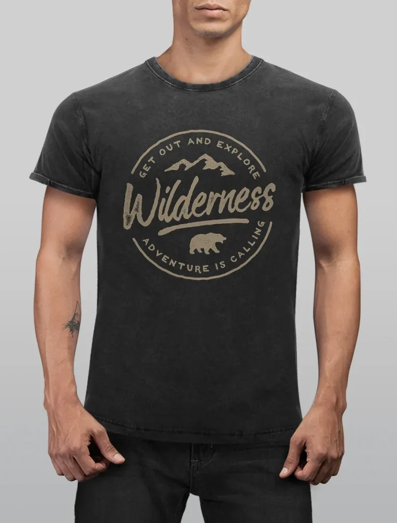 Herren T-Shirt Vintage Shirt Printshirt Adventure Logo Berge Mountain Bär Wilderness Schriftzug Fashion Streetstyle Aufdruck Used Look Slim Fit