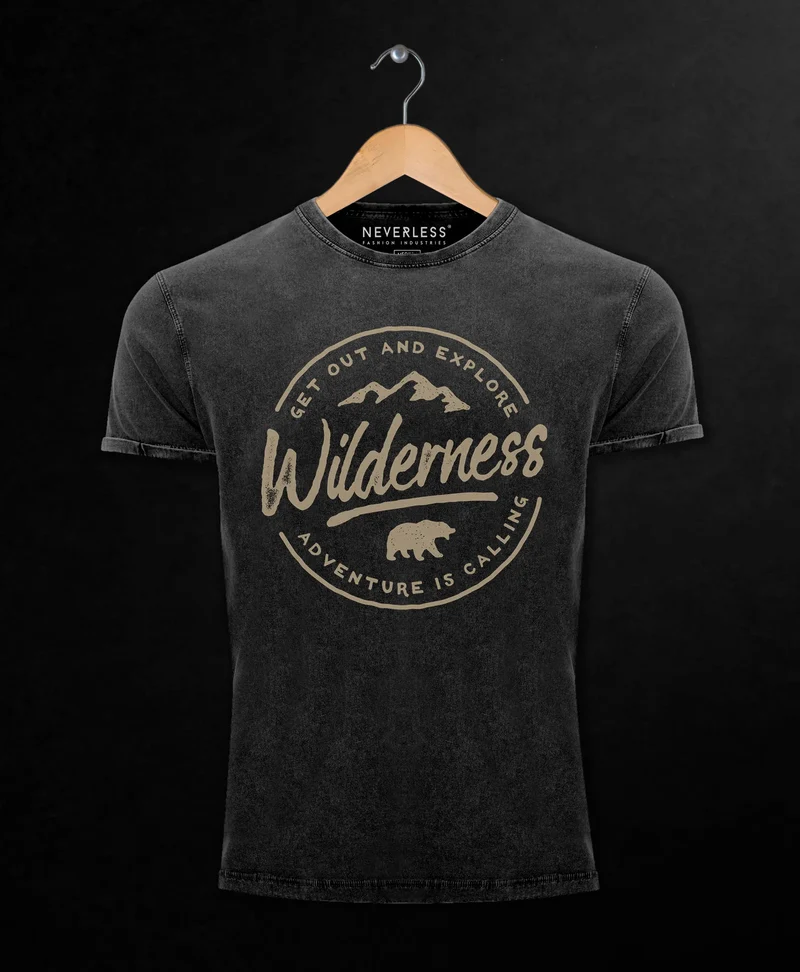 Herren T-Shirt Vintage Shirt Printshirt Adventure Logo Berge Mountain Bär Wilderness Schriftzug Fashion Streetstyle Aufdruck Used Look Slim Fit