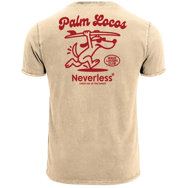 Herren Vintage T-Shirt Backprint Printshirt Surfing Design Aufdruck Palm Locos Schriftzug Sommer Used Look