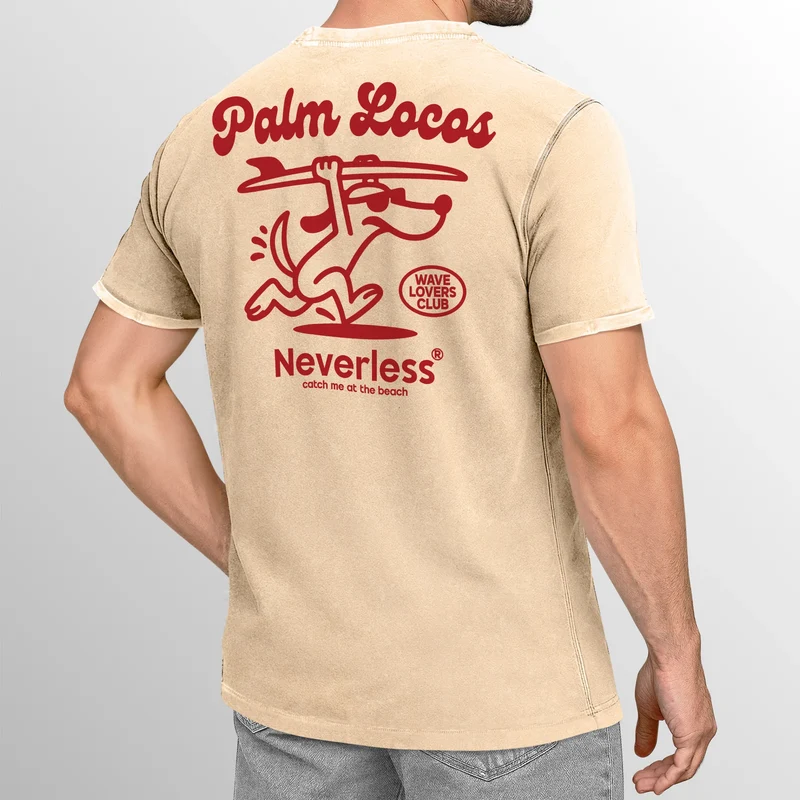 Herren Vintage T-Shirt Backprint Printshirt Surfing Design Aufdruck Palm Locos Schriftzug Sommer Used Look