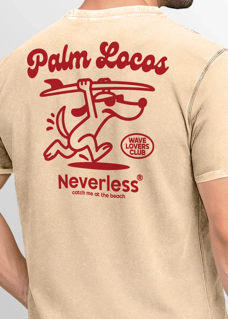 Herren Vintage T-Shirt Backprint Printshirt Surfing Design Aufdruck Palm Locos Schriftzug Sommer Used Look