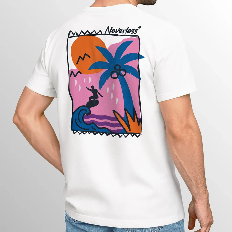 Herren T-Shirt Backprint Surfer Wellen Sunset Grafikprint Schriftzug Fashion Streetstyle