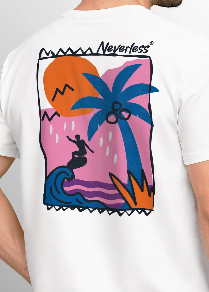 Herren T-Shirt Backprint Surfer Wellen Sunset Grafikprint Schriftzug Fashion Streetstyle