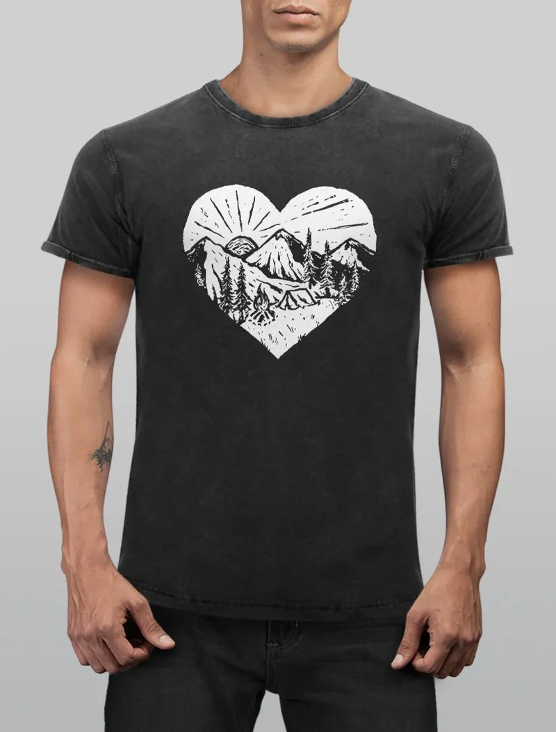 Herren Vintage Shirt Wandern Berge Naturfreund Adventure Camping Printshirt T-Shirt Aufdruck Used Look