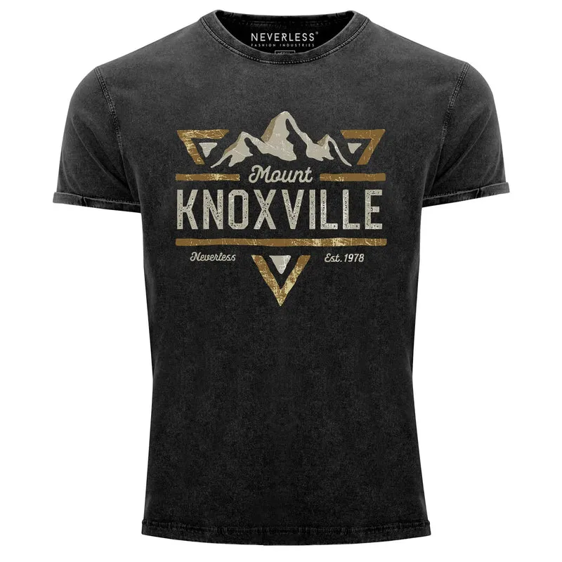 Herren T-Shirt Vintage Shirt Printshirt Mountain Berge Adventure Emblem Retro Design Mount Knoxville Fashion Streetstyle Aufdruck Used Look Slim Fit