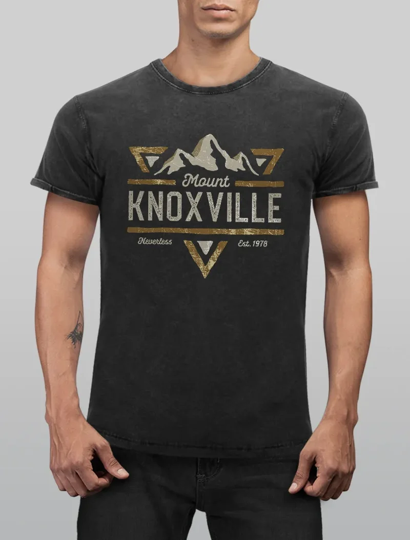 Herren T-Shirt Vintage Shirt Printshirt Mountain Berge Adventure Emblem Retro Design Mount Knoxville Fashion Streetstyle Aufdruck Used Look Slim Fit