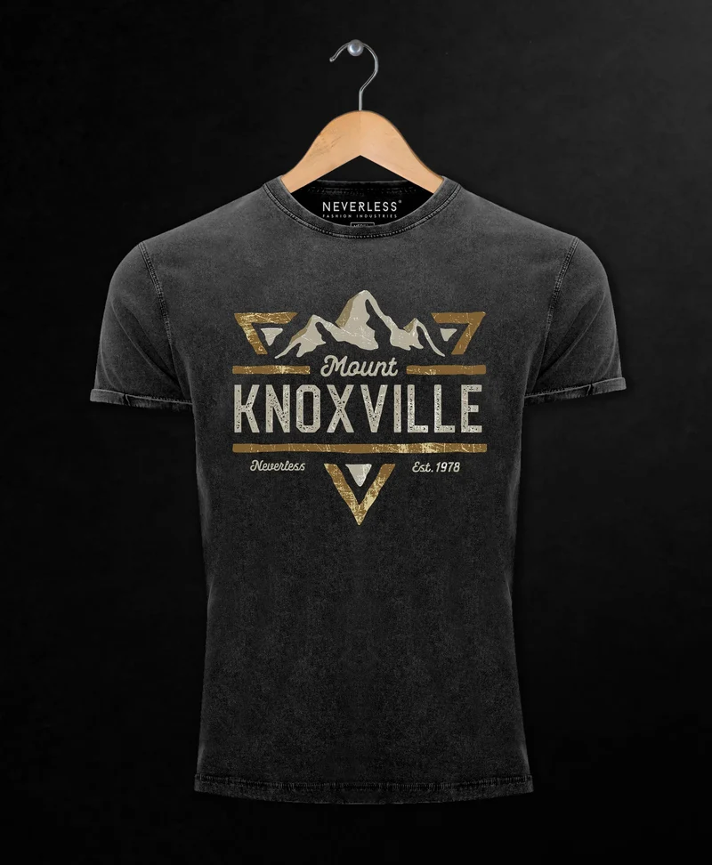 Herren T-Shirt Vintage Shirt Printshirt Mountain Berge Adventure Emblem Retro Design Mount Knoxville Fashion Streetstyle Aufdruck Used Look Slim Fit