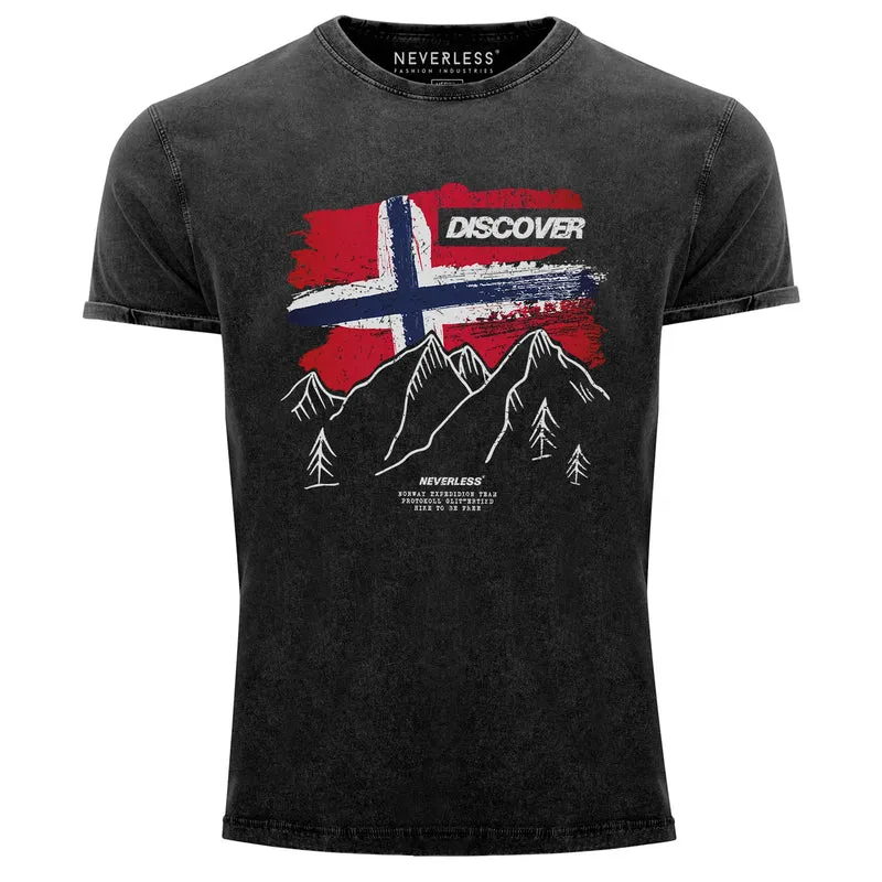 Herren Vintage Shirt Frontprint Norwegen Flagge Berge Discover Aufdruck Printshirt T-Shirt Used Look