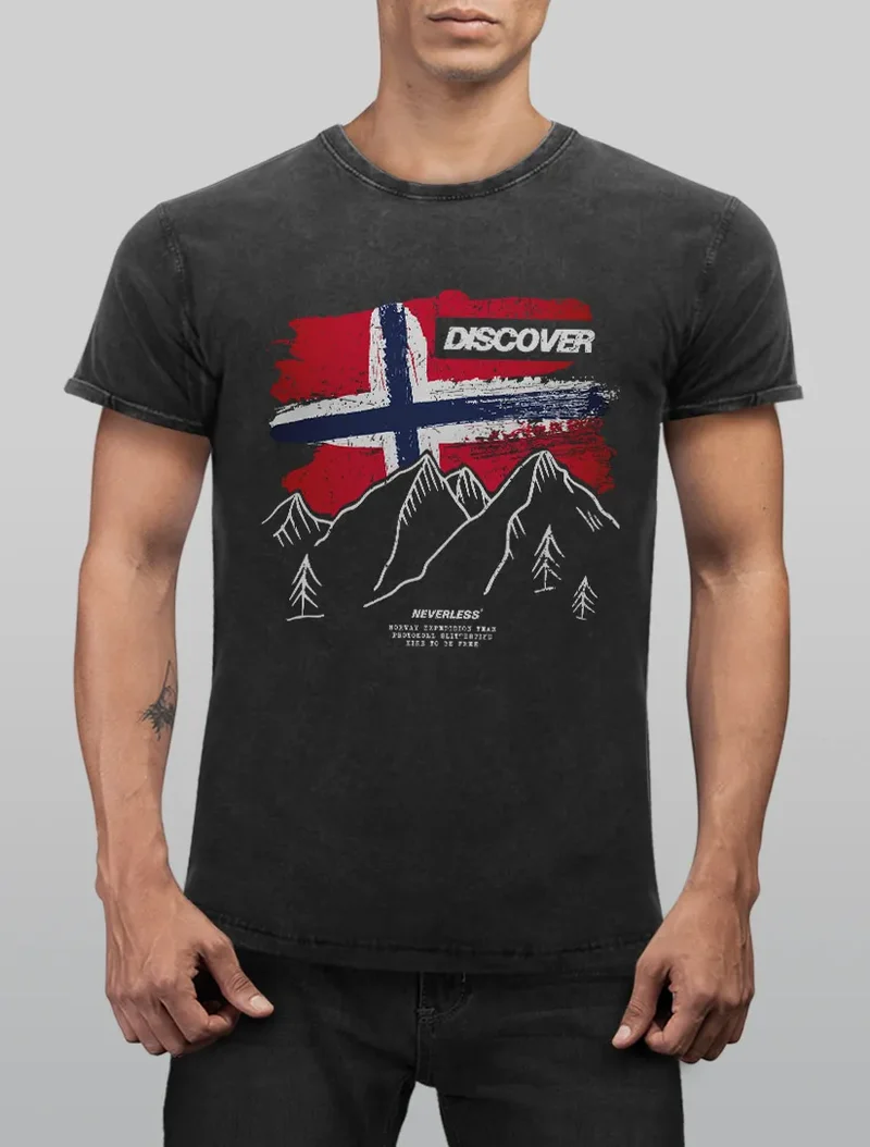 Herren Vintage Shirt Frontprint Norwegen Flagge Berge Discover Aufdruck Printshirt T-Shirt Used Look