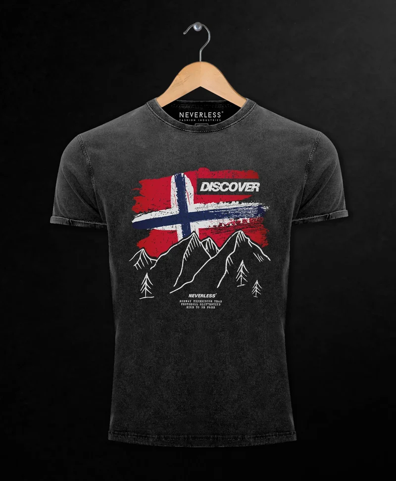Herren Vintage Shirt Frontprint Norwegen Flagge Berge Discover Aufdruck Printshirt T-Shirt Used Look
