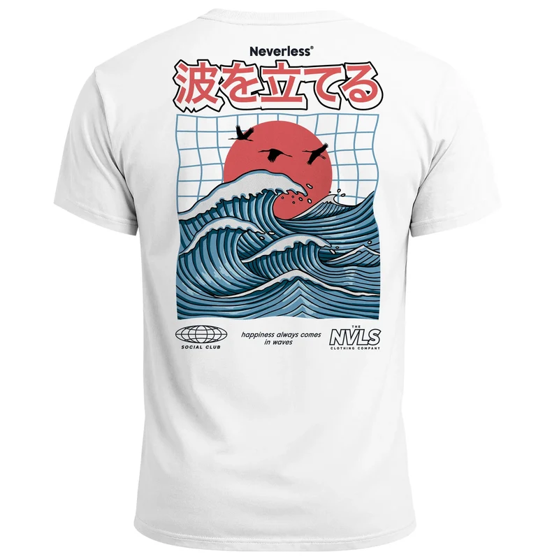 Herren T-Shirt Backprint Wellen Sonne Japan Retro Grafikshirt Fashion Streetstyle