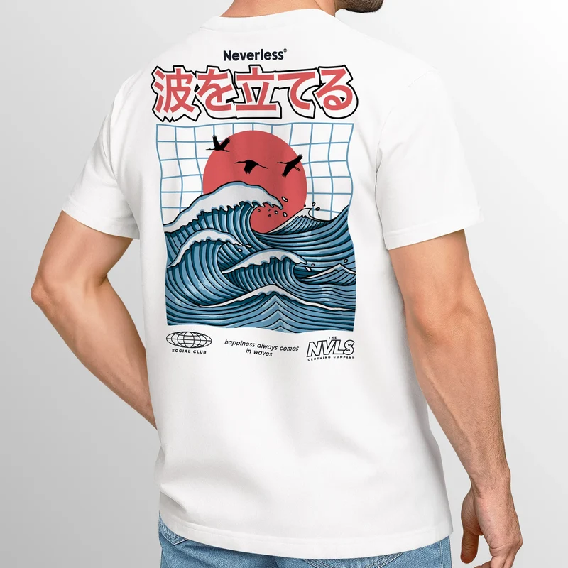 Herren T-Shirt Backprint Wellen Sonne Japan Retro Grafikshirt Fashion Streetstyle