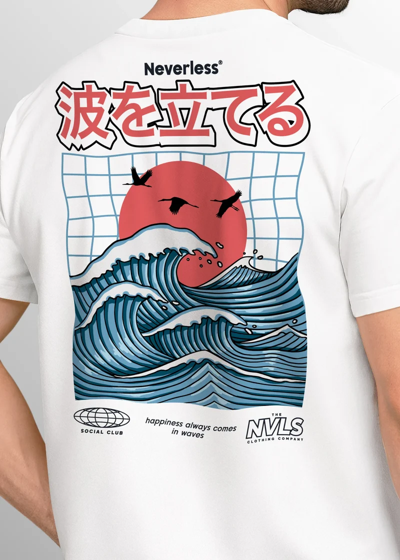 Herren T-Shirt Backprint Wellen Sonne Japan Retro Grafikshirt Fashion Streetstyle