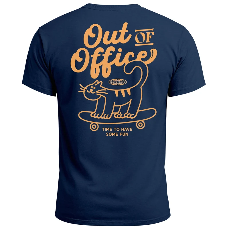 Herren T-Shirt Backprint Out of Office Grafikshirt Katze Schriftzug Fashion Streetstyle