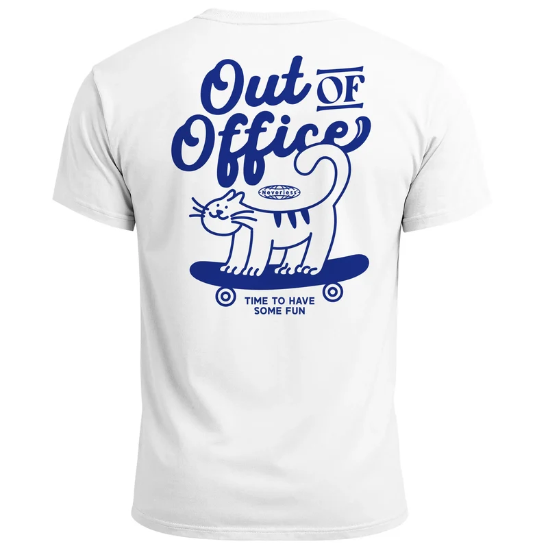 Herren T-Shirt Backprint Out of Office Grafikshirt Katze Schriftzug Fashion Streetstyle