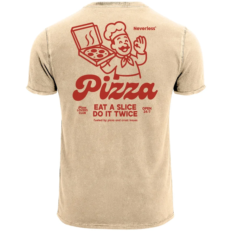 Herren Vintage T-Shirt Pizza Backprint Printshirt T-Shirt Aufdruck Witzig Fashion Used Look
