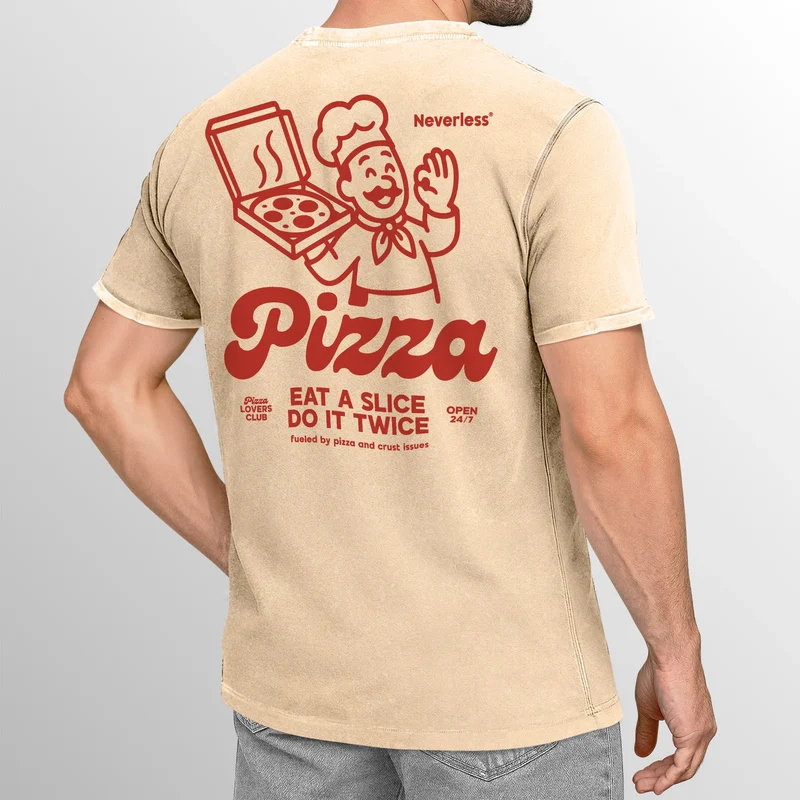 Herren Vintage T-Shirt Pizza Backprint Printshirt T-Shirt Aufdruck Witzig Fashion Used Look