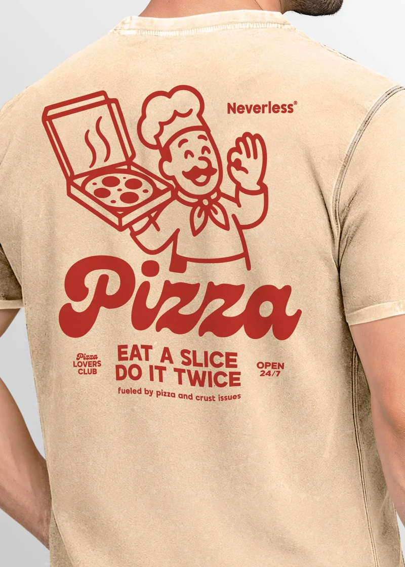 Herren Vintage T-Shirt Pizza Backprint Printshirt T-Shirt Aufdruck Witzig Fashion Used Look