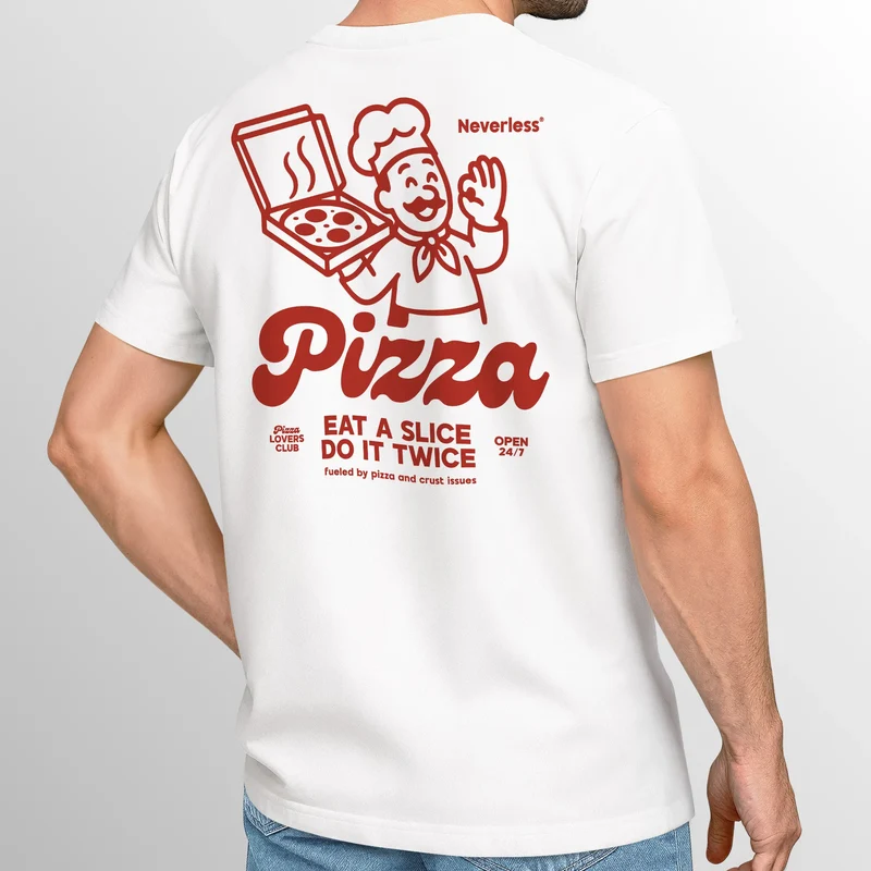 Herren T-Shirt Backprint Pizza Print Spruch Lustig Grafikshirt Männer Sommer Fashion Streetstyle