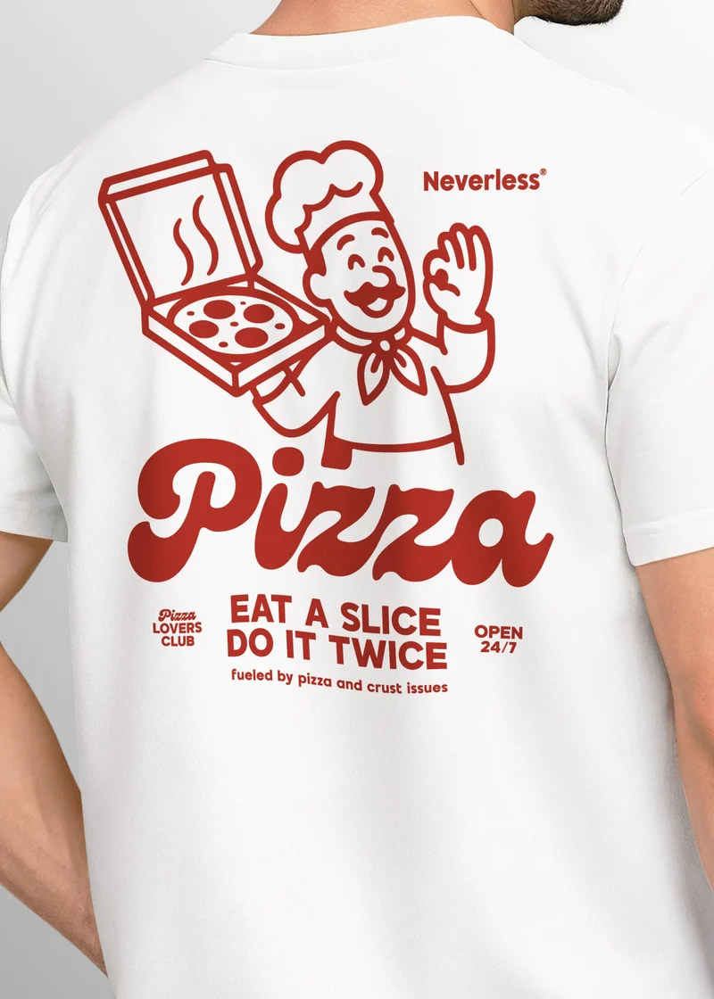 Herren T-Shirt Backprint Pizza Print Spruch Lustig Grafikshirt Männer Sommer Fashion Streetstyle