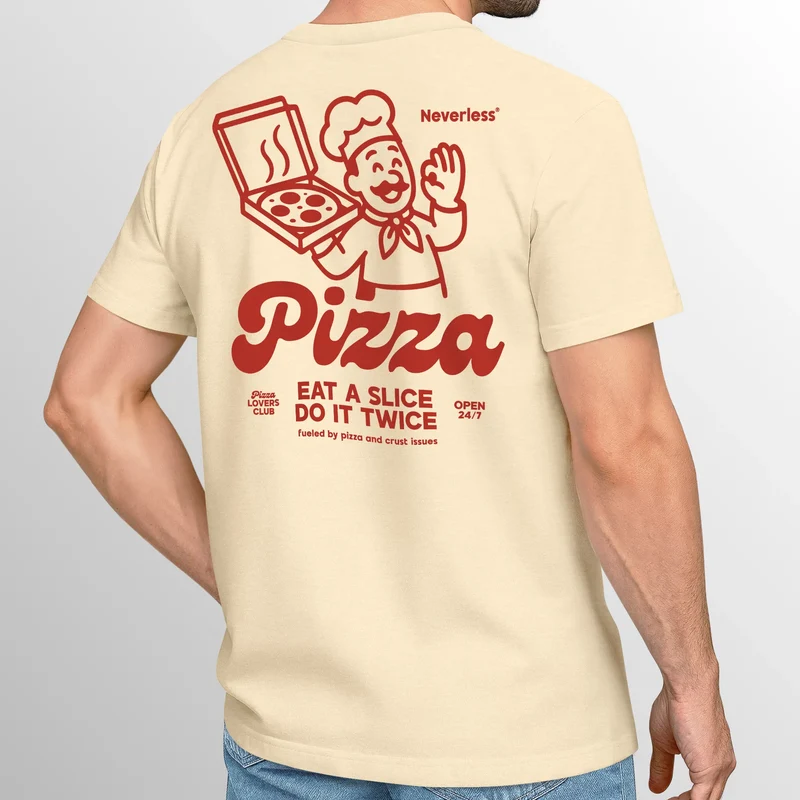 Herren T-Shirt Backprint Pizza Print Spruch Lustig Grafikshirt Männer Sommer Fashion Streetstyle