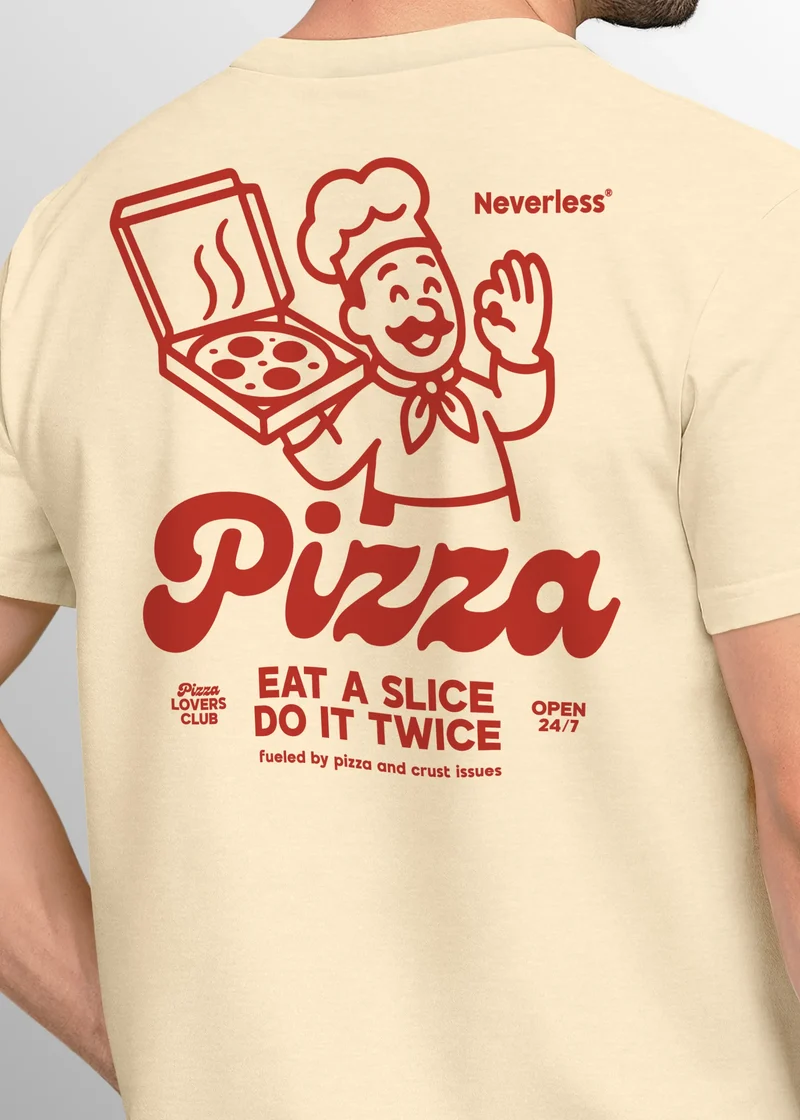 Herren T-Shirt Backprint Pizza Print Spruch Lustig Grafikshirt Männer Sommer Fashion Streetstyle