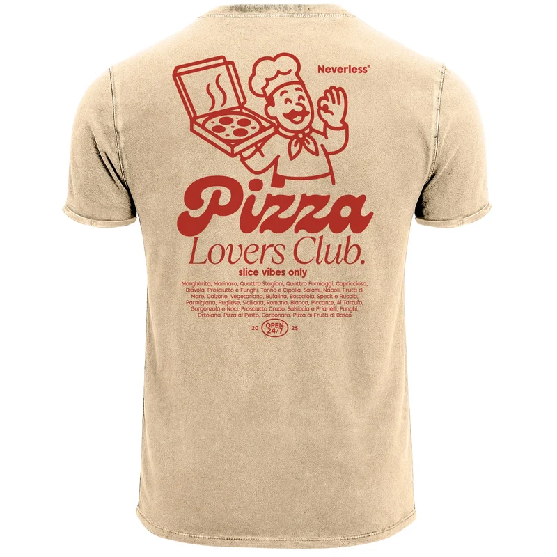 Herren Vintage T-Shirt Backprint Pizza Printshirt Grafik Illustration Aufdruck Used Look