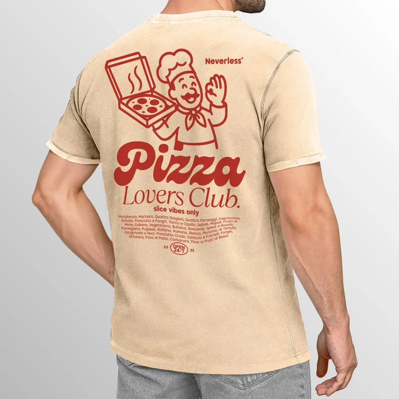 Herren Vintage T-Shirt Backprint Pizza Printshirt Grafik Illustration Aufdruck Used Look