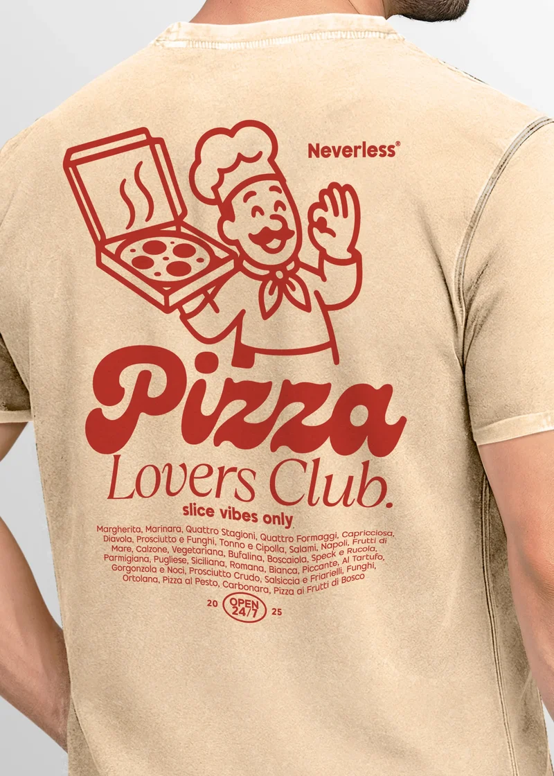 Herren Vintage T-Shirt Backprint Pizza Printshirt Grafik Illustration Aufdruck Used Look