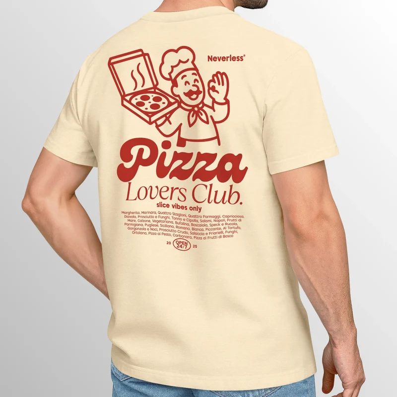 Herren T-Shirt Backprint Pizza Lovers Club Printshirt Grafikshirt Fashion Streetstyle Baumwolle