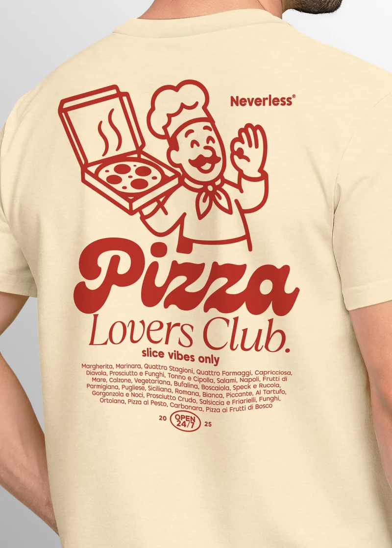 Herren T-Shirt Backprint Pizza Lovers Club Printshirt Grafikshirt Fashion Streetstyle Baumwolle