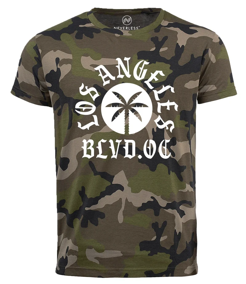Herren Camo-Shirt Los Angeles BLVD Boulevard Underground Tattoo Palme Printshirt Camouflage Tarnmuster