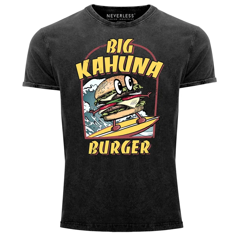 Herren Vintage Shirt Big Kahuna Burger Printshirt lustig Aufdruck Surfen Welle Film-Parodie Used Look