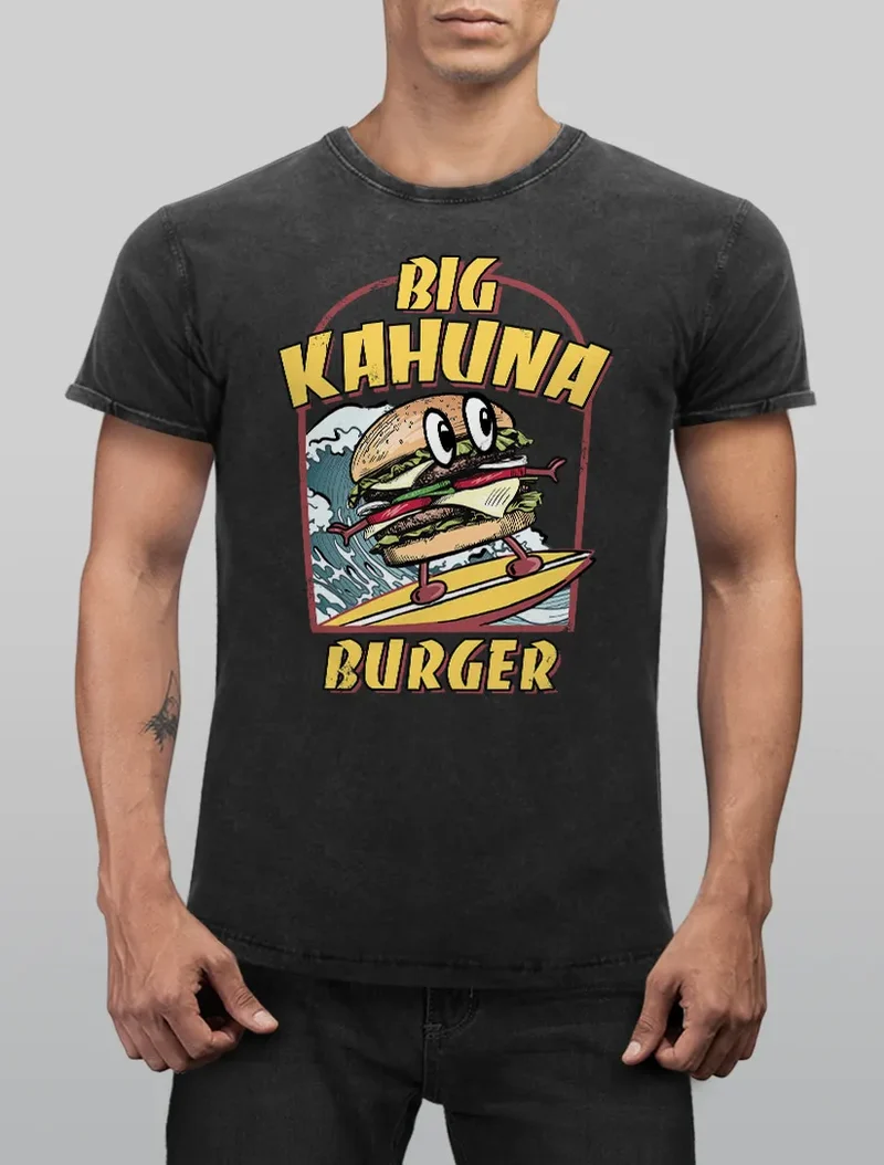 Herren Vintage Shirt Big Kahuna Burger Printshirt lustig Aufdruck Surfen Welle Film-Parodie Used Look