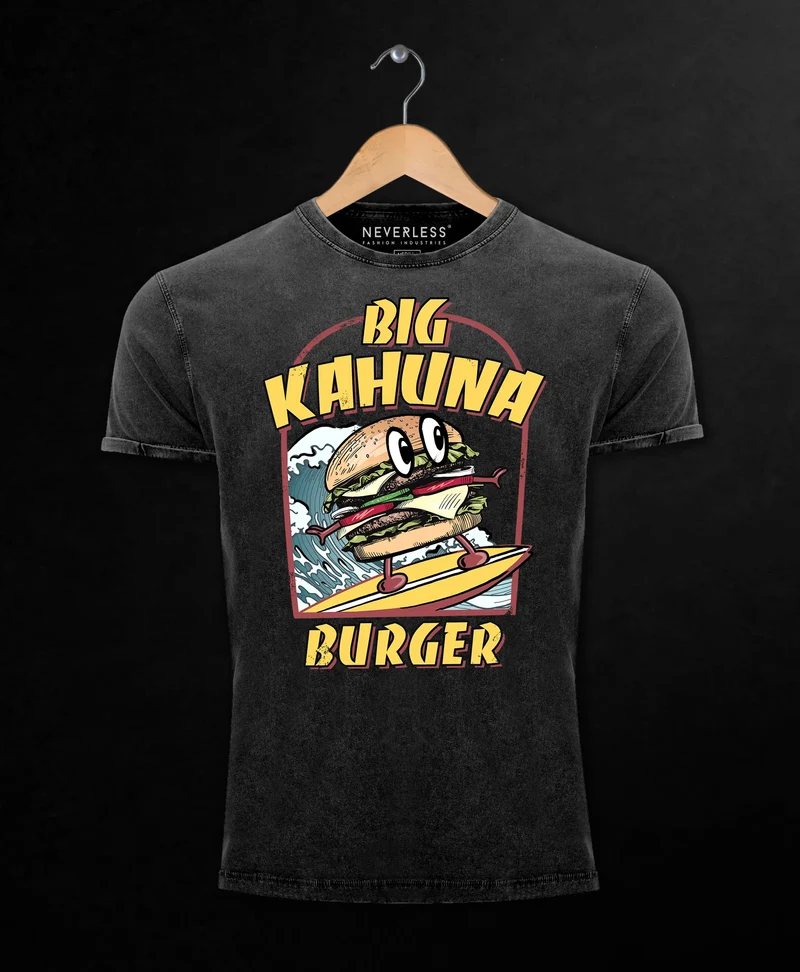 Herren Vintage Shirt Big Kahuna Burger Printshirt lustig Aufdruck Surfen Welle Film-Parodie Used Look