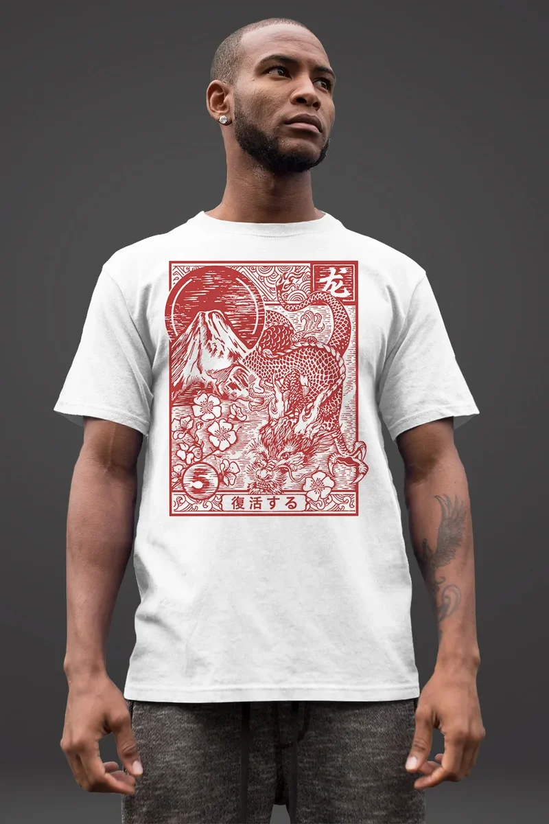 Herren T-Shirt Drache Dragon Asien Schriftzeichen Tattoo Kunst Fashion Streetstyle