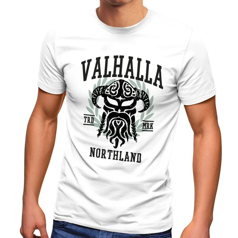 Herren T-Shirt Valhalla Northland Wikinger Helm Nordmänner Bart Viking Fashion Streetstyle