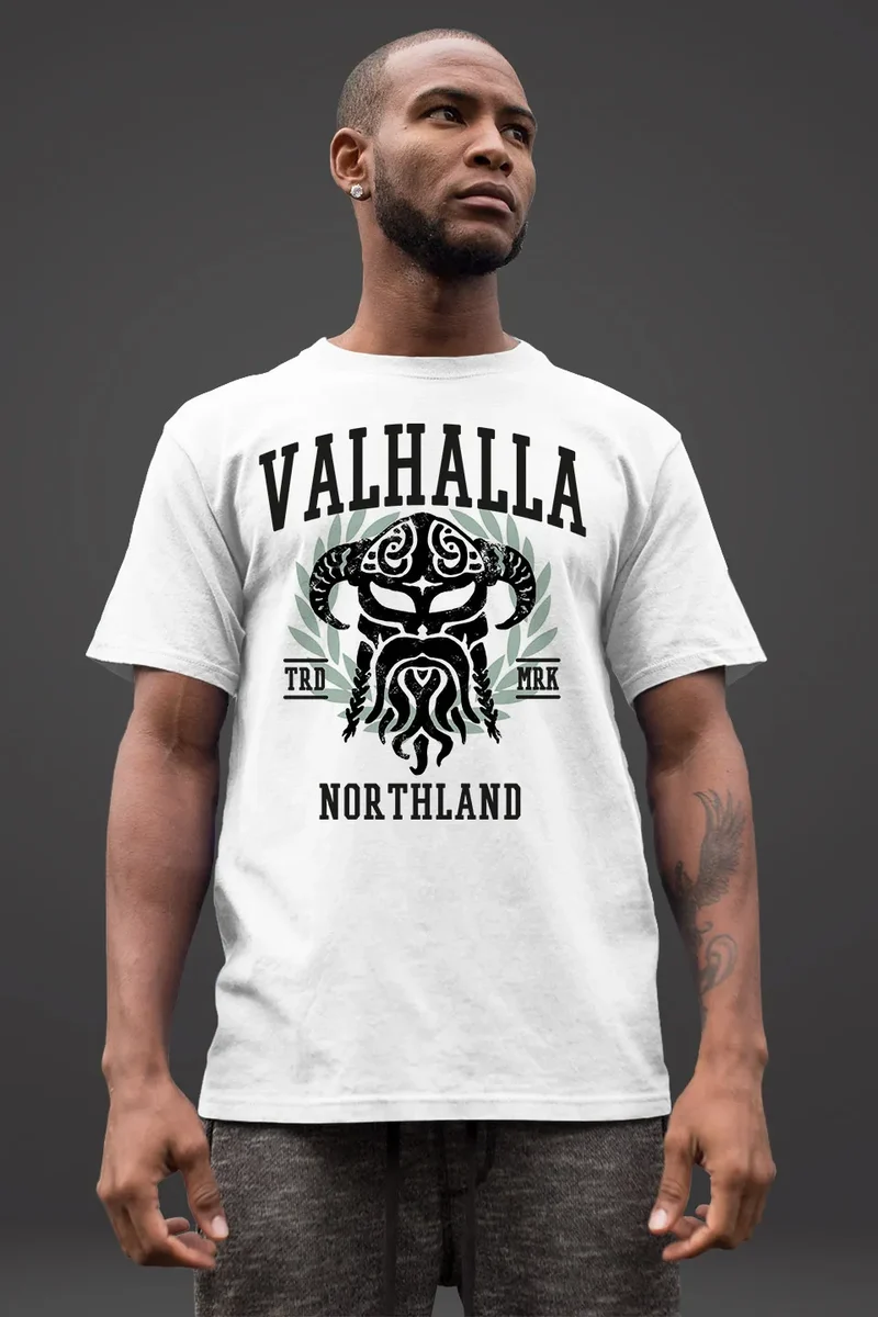 Herren T-Shirt Valhalla Northland Wikinger Helm Nordmänner Bart Viking Fashion Streetstyle
